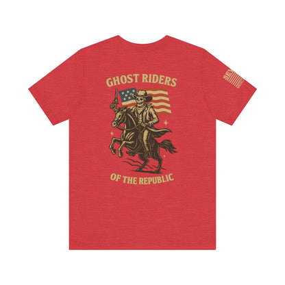 Ghost Riders of the Republic Horseback Skeleton Cowboy T-Shirt – Patriotic Wild West Graphic Tee