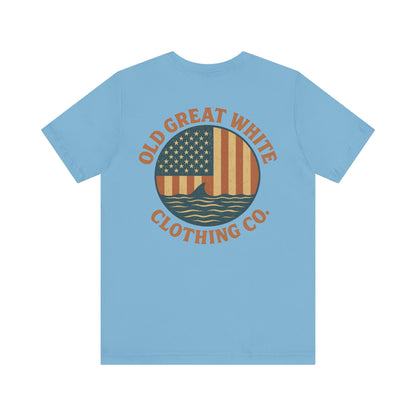 Stars, Stripes & Sharks T-Shirt - Old Great White Apparel Classic Jersey Short Sleeve Tee