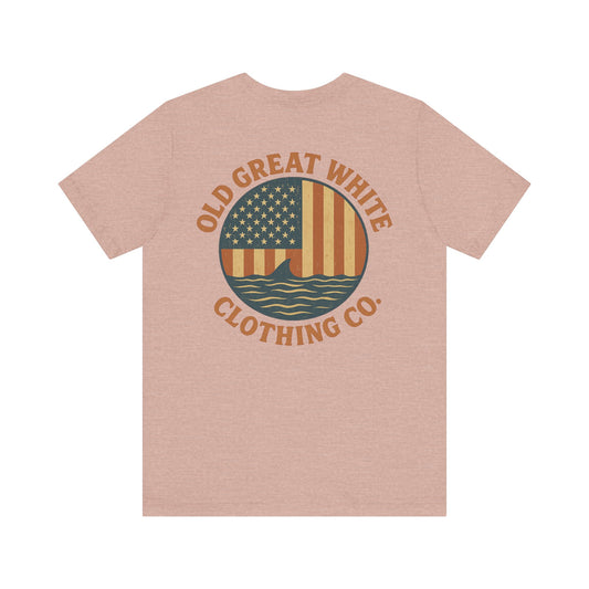 Stars, Stripes & Sharks T-Shirt - Old Great White Apparel Classic Jersey Short Sleeve Tee