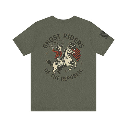 Ride for the Republic – Vintage Skeleton Cowboy Horse & Flag Graphic Tee