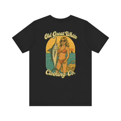 Big Catch Retro Beach Shirt – Bikini Babe & Marlin Graphic Jersey Short Sleeve Tee