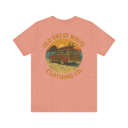 Vintage Woody Surf Wagon Tee - Old Great White Sunset Vibes Classic Jersey Short Sleeve Tee