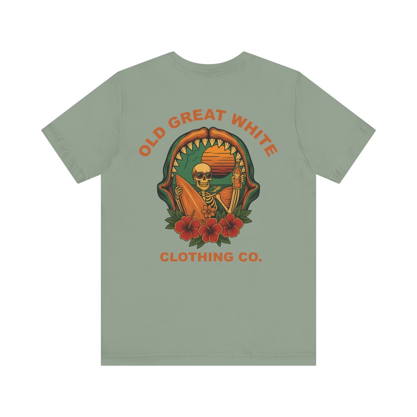 Skeleton Surfer Sunset Tee – Vintage Beach Vibes Graphic Shirt Jersey Short Sleeve Tee