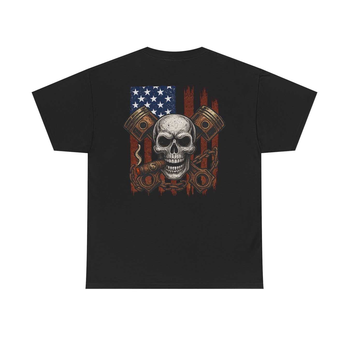American Skull T-Shirt – Cigar, Pistons & Chains Patriotic Graphic Tee