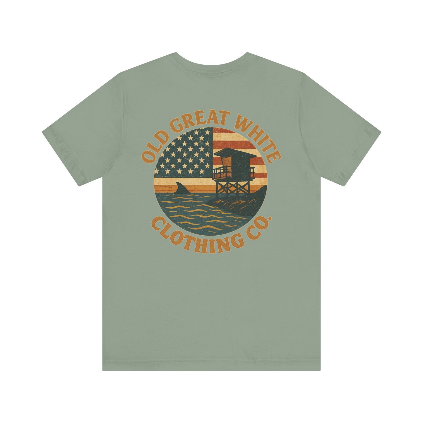 American Shoreline Tee – Lifeguard Tower & Shark Fin Graphic Classic Jersey Short Sleeve Tee