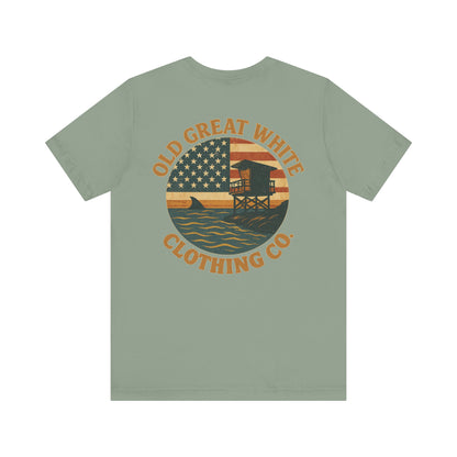 American Shoreline Tee – Lifeguard Tower & Shark Fin Graphic Classic Jersey Short Sleeve Tee
