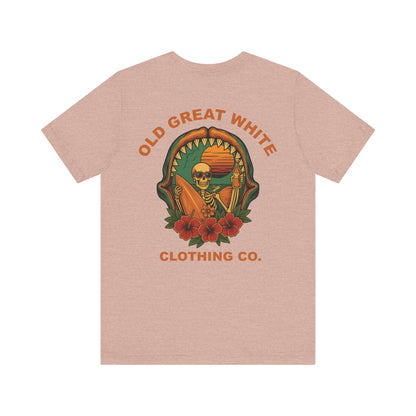 Skeleton Surfer Sunset Tee – Vintage Beach Vibes Graphic Shirt Jersey Short Sleeve Tee