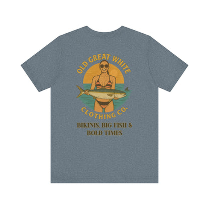 Catch of the Day Bikini Tee – Retro Fishing Girl Graphic Classic Jersey Short Sleeve Tee
