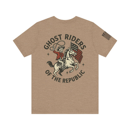 Ride for the Republic – Vintage Skeleton Cowboy Horse & Flag Graphic Tee