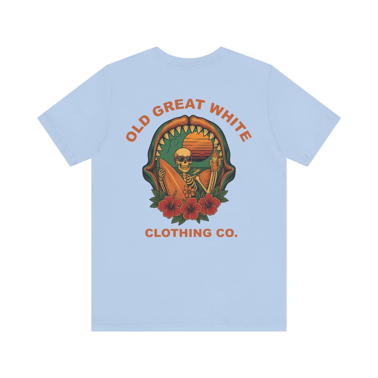 Skeleton Surfer Sunset Tee – Vintage Beach Vibes Graphic Shirt Jersey Short Sleeve Tee