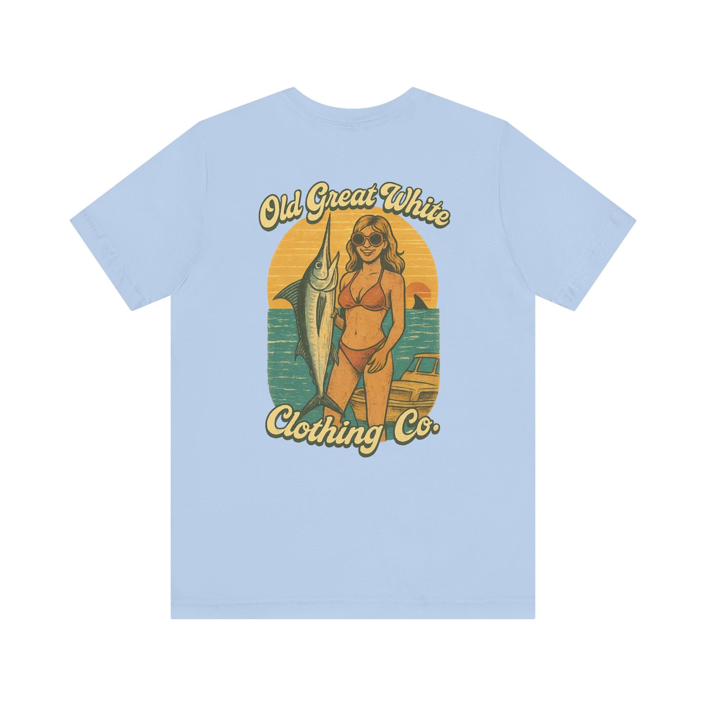Big Catch Retro Beach Shirt – Bikini Babe & Marlin Graphic Jersey Short Sleeve Tee