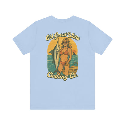 Big Catch Retro Beach Shirt – Bikini Babe & Marlin Graphic Jersey Short Sleeve Tee