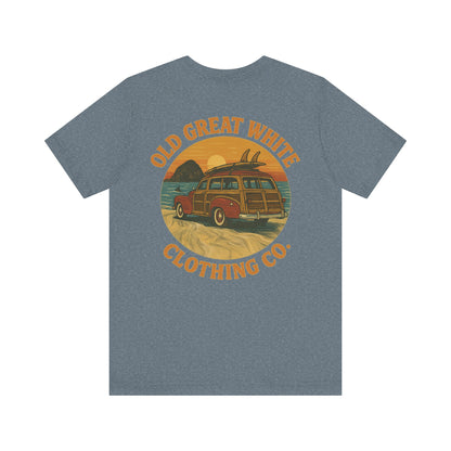 Vintage Woody Surf Wagon Tee - Old Great White Sunset Vibes Classic Jersey Short Sleeve Tee