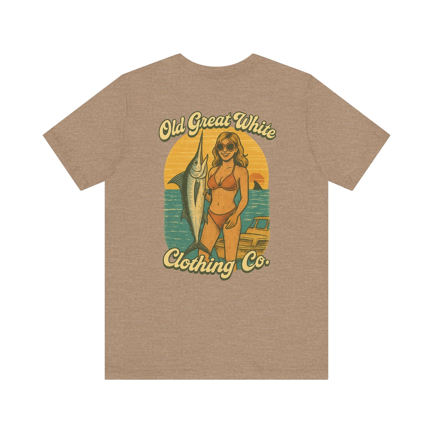 Big Catch Retro Beach Shirt – Bikini Babe & Marlin Graphic Jersey Short Sleeve Tee