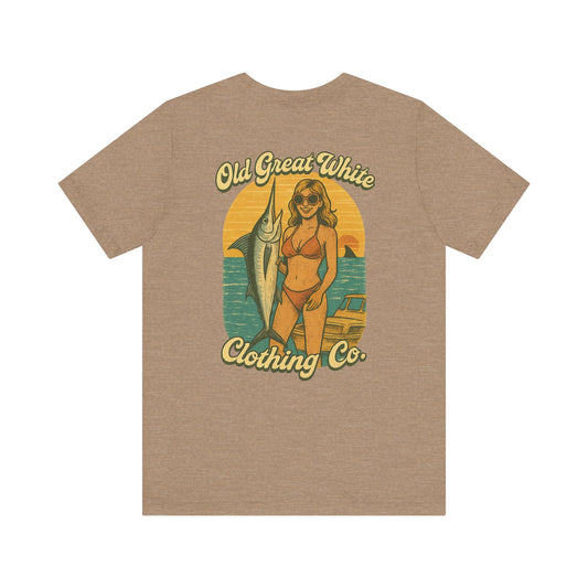 Big Catch Retro Beach Shirt – Bikini Babe & Marlin Graphic Jersey Short Sleeve Tee