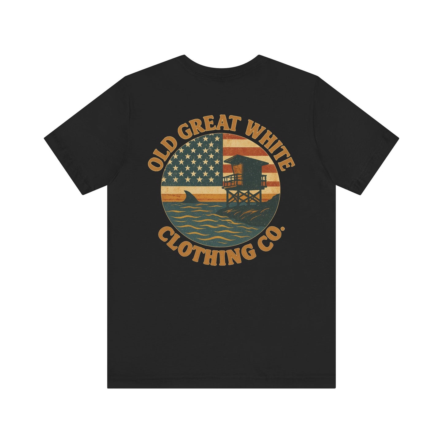 American Shoreline Tee – Lifeguard Tower & Shark Fin Graphic Classic Jersey Short Sleeve Tee