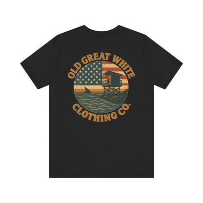 American Shoreline Tee – Lifeguard Tower & Shark Fin Graphic Classic Jersey Short Sleeve Tee