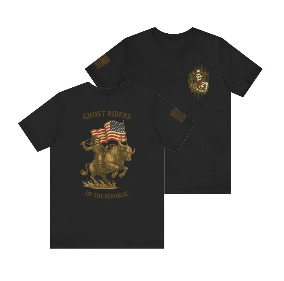Patriot Rider Tee – Skeleton Cowboy Bull Ride with American Flag Graphic Classic Jersey Short Sleeve Tee
