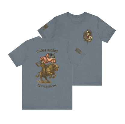 Patriot Rider Tee – Skeleton Cowboy Bull Ride with American Flag Graphic Classic Jersey Short Sleeve Tee