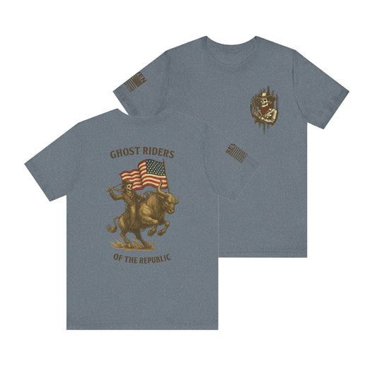 Patriot Rider Tee – Skeleton Cowboy Bull Ride with American Flag Graphic Classic Jersey Short Sleeve Tee