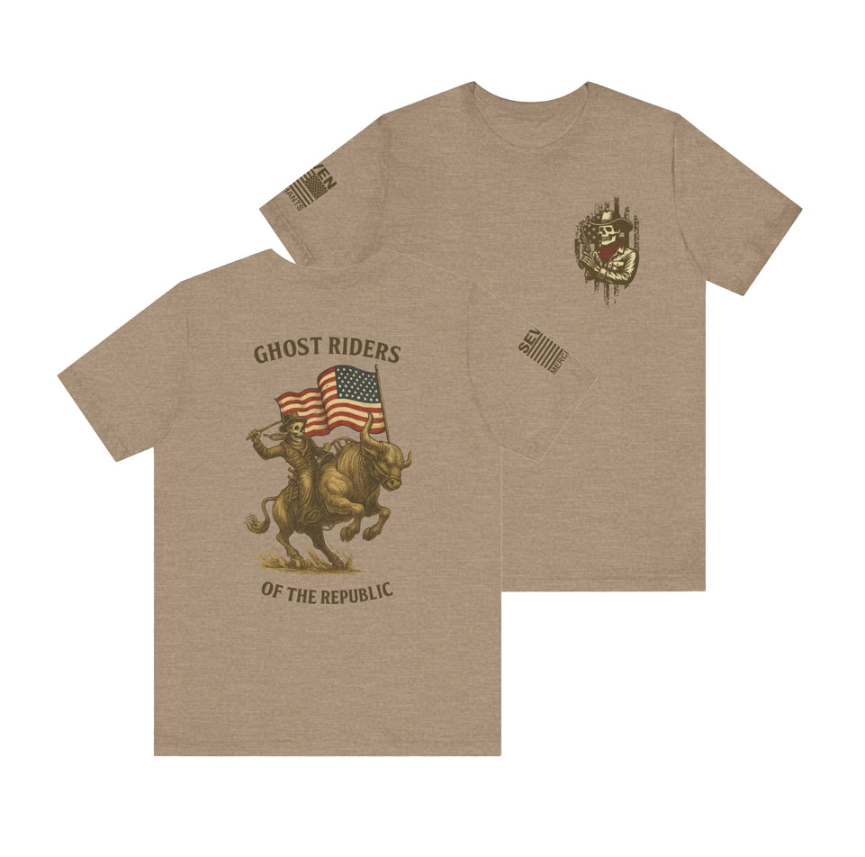 Patriot Rider Tee – Skeleton Cowboy Bull Ride with American Flag Graphic Classic Jersey Short Sleeve Tee