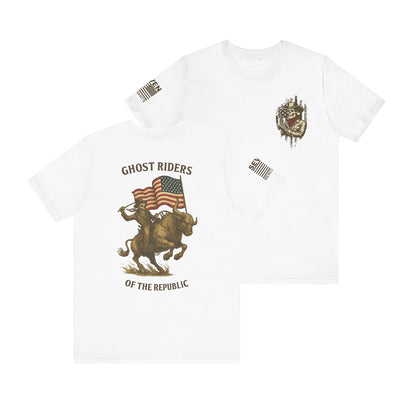 Patriot Rider Tee – Skeleton Cowboy Bull Ride with American Flag Graphic Classic Jersey Short Sleeve Tee