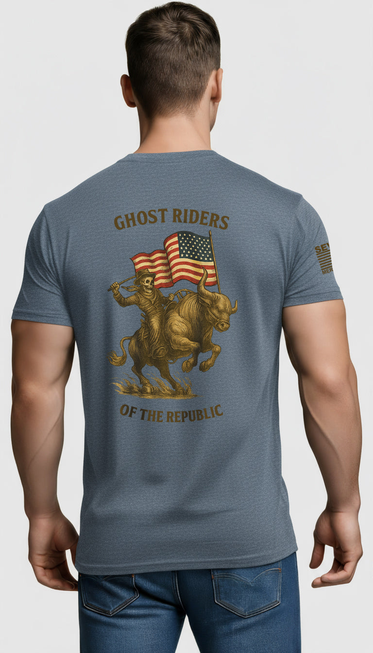 Patriot Rider Tee – Skeleton Cowboy Bull Ride with American Flag Graphic Classic Jersey Short Sleeve Tee