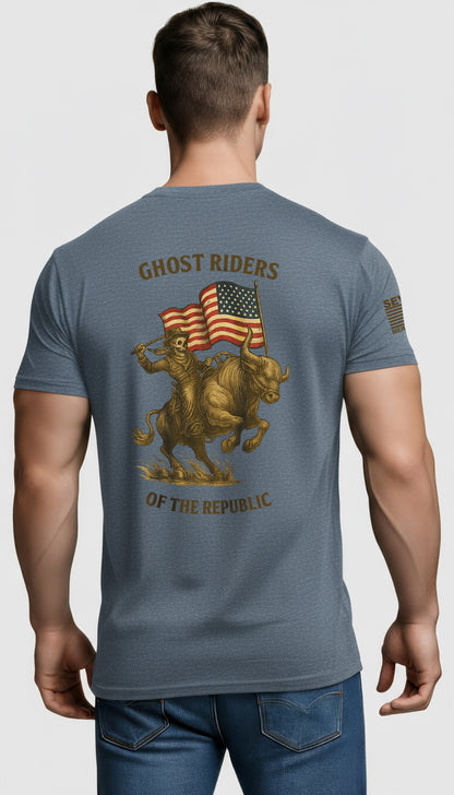 Patriot Rider Tee – Skeleton Cowboy Bull Ride with American Flag Graphic Classic Jersey Short Sleeve Tee