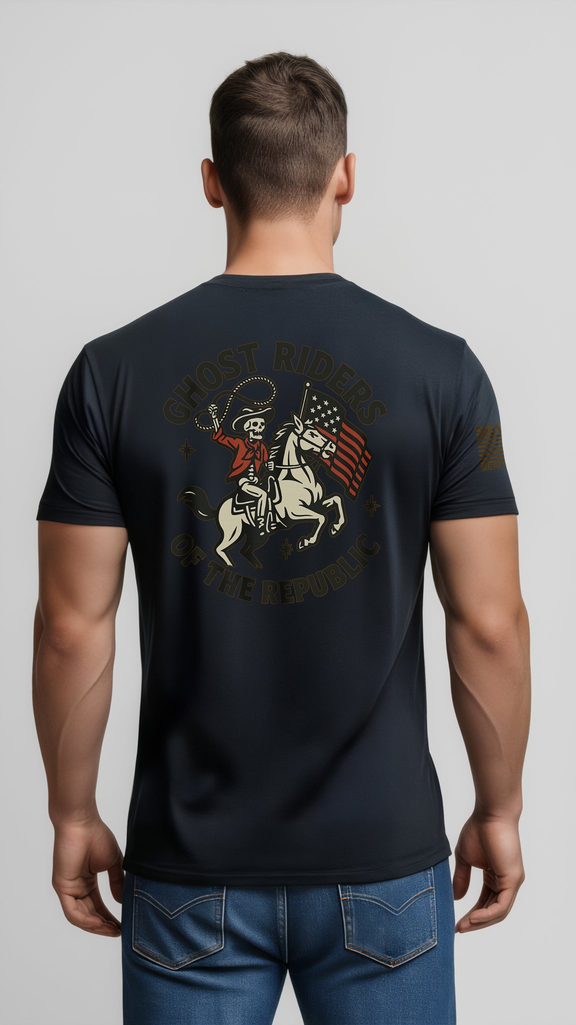 Ride for the Republic – Vintage Skeleton Cowboy Horse & Flag Graphic Tee