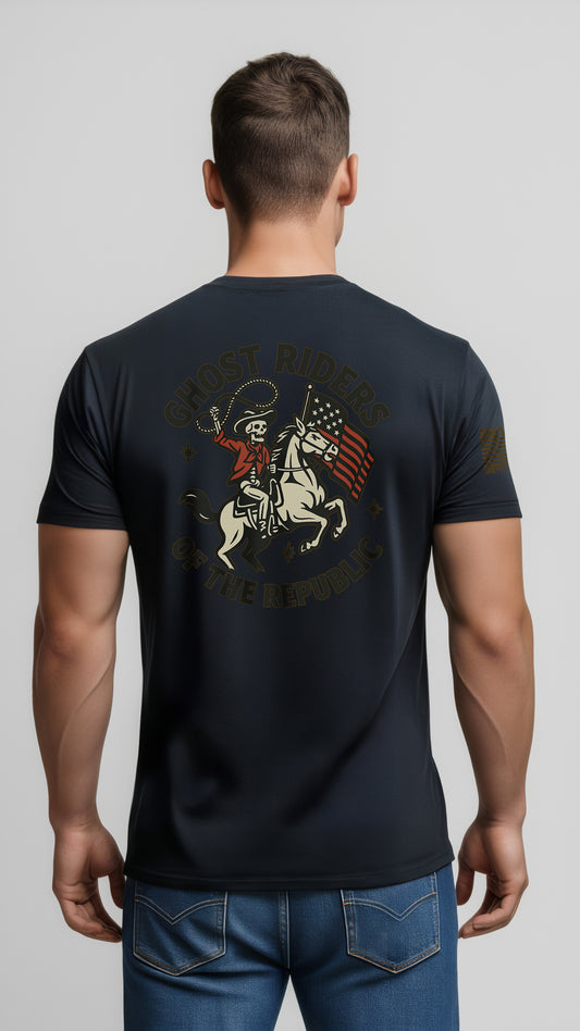 Ride for the Republic – Vintage Skeleton Cowboy Horse & Flag Graphic Tee