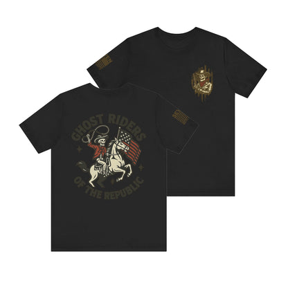 Ride for the Republic – Vintage Skeleton Cowboy Horse & Flag Graphic Tee