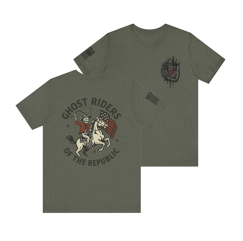 Ride for the Republic – Vintage Skeleton Cowboy Horse & Flag Graphic Tee