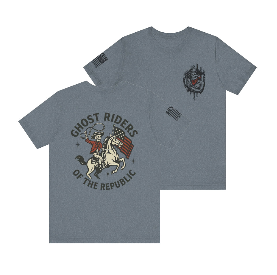 Ride for the Republic – Vintage Skeleton Cowboy Horse & Flag Graphic Tee