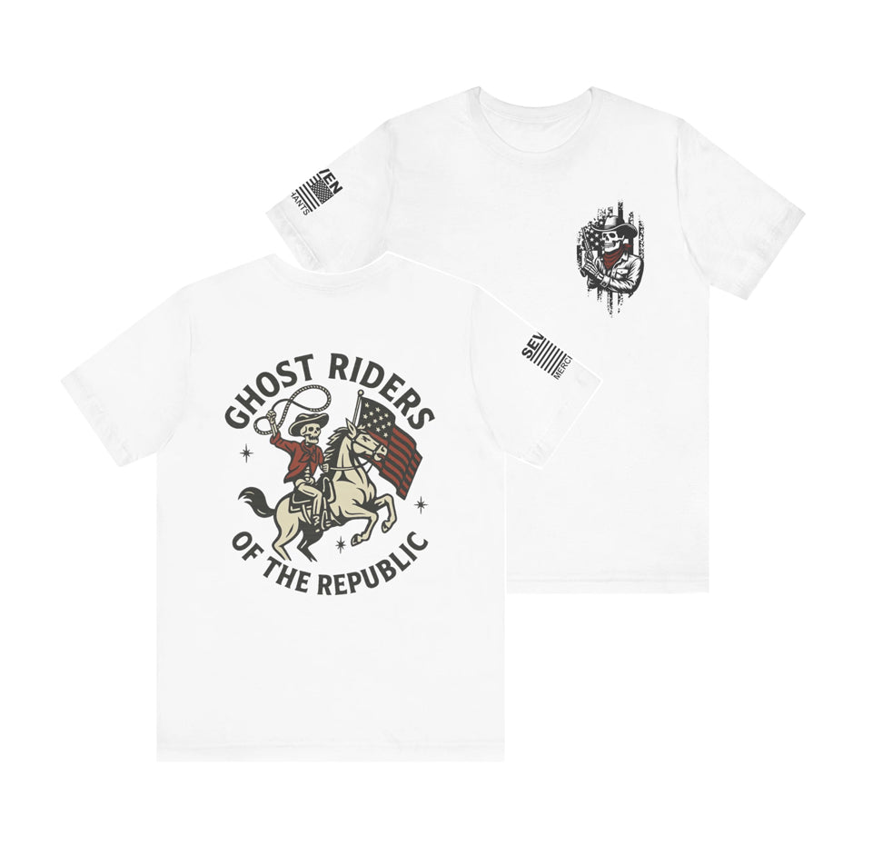 Ride for the Republic – Vintage Skeleton Cowboy Horse & Flag Graphic Tee