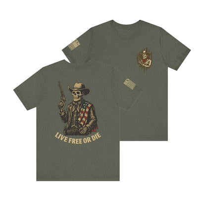 Live Free or Die Skeleton Cowboy T-Shirt – American Flag Western Graphic Tee