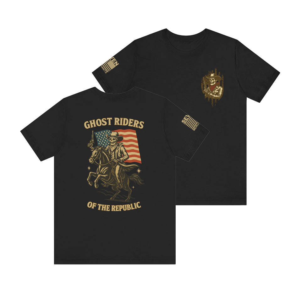 Ghost Riders of the Republic Horseback Skeleton Cowboy T-Shirt – Patriotic Wild West Graphic Tee