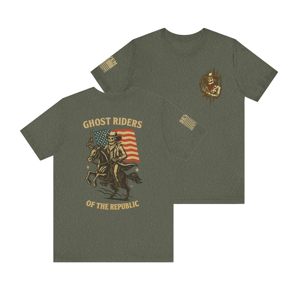 Ghost Riders of the Republic Horseback Skeleton Cowboy T-Shirt – Patriotic Wild West Graphic Tee