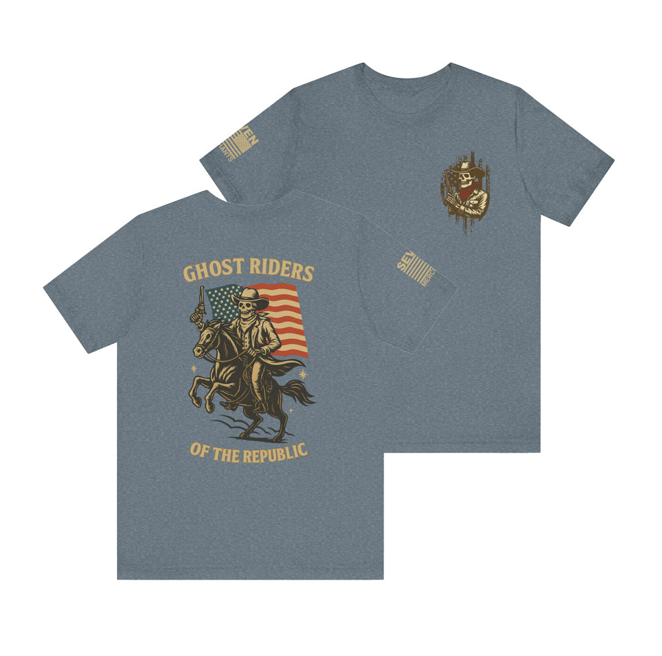 Ghost Riders of the Republic Horseback Skeleton Cowboy T-Shirt – Patriotic Wild West Graphic Tee