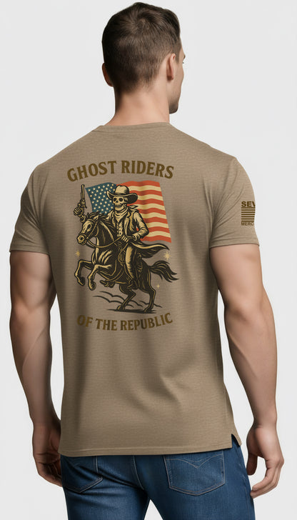 Ghost Riders of the Republic Horseback Skeleton Cowboy T-Shirt – Patriotic Wild West Graphic Tee