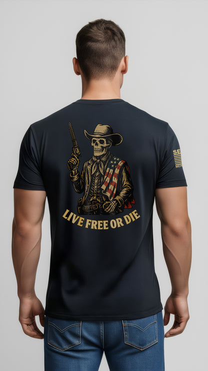 Live Free or Die Skeleton Cowboy T-Shirt – American Flag Western Graphic Tee