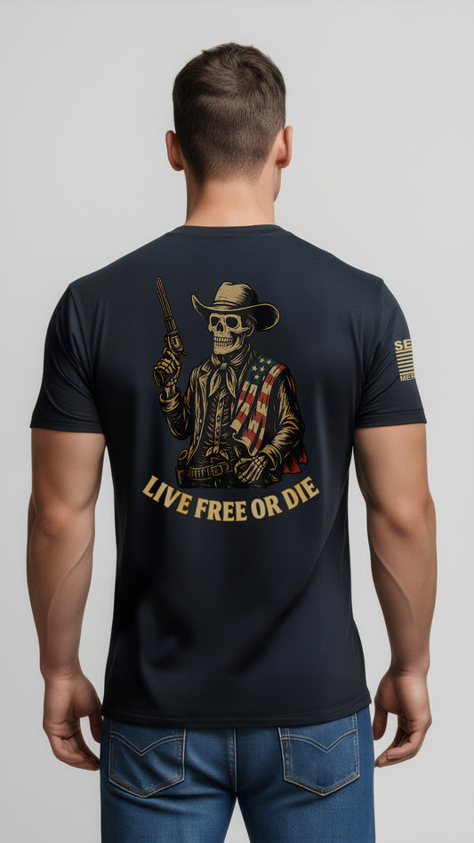Live Free or Die Skeleton Cowboy T-Shirt – American Flag Western Graphic Tee