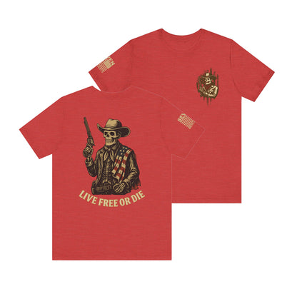 Live Free or Die Skeleton Cowboy T-Shirt – American Flag Western Graphic Tee
