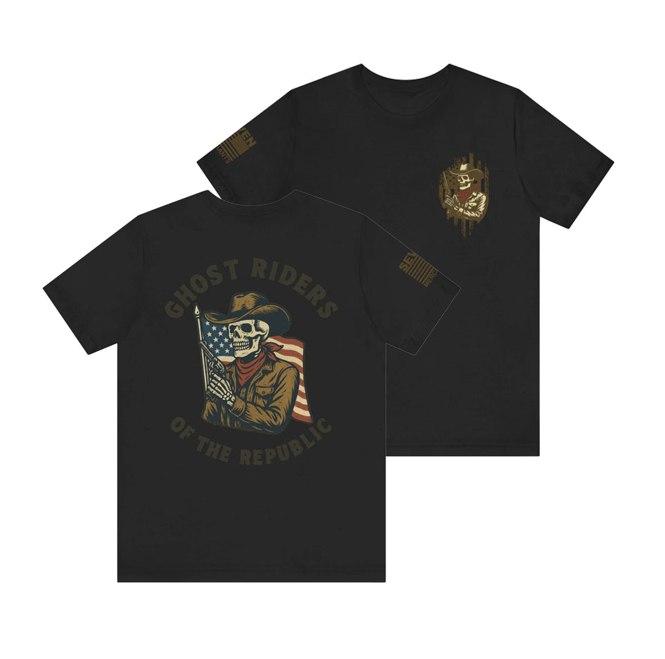 Ghost Riders of the Republic Cowboy Skeleton T-Shirt – Patriotic Western Graphic Tee