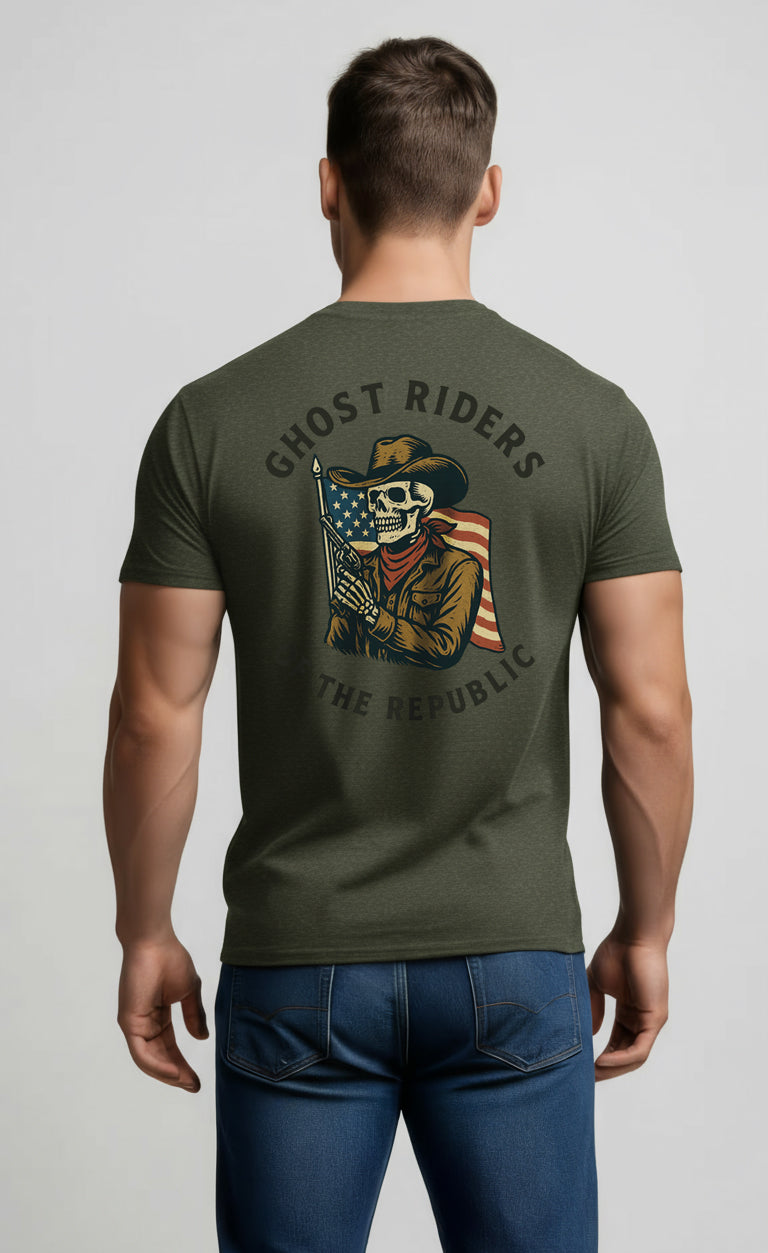 Ghost Riders of the Republic Cowboy Skeleton T-Shirt – Patriotic Western Graphic Tee