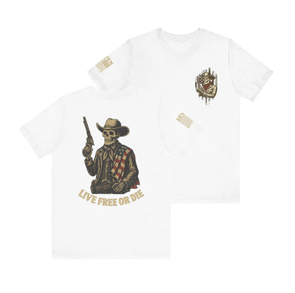 Live Free or Die Skeleton Cowboy T-Shirt – American Flag Western Graphic Tee